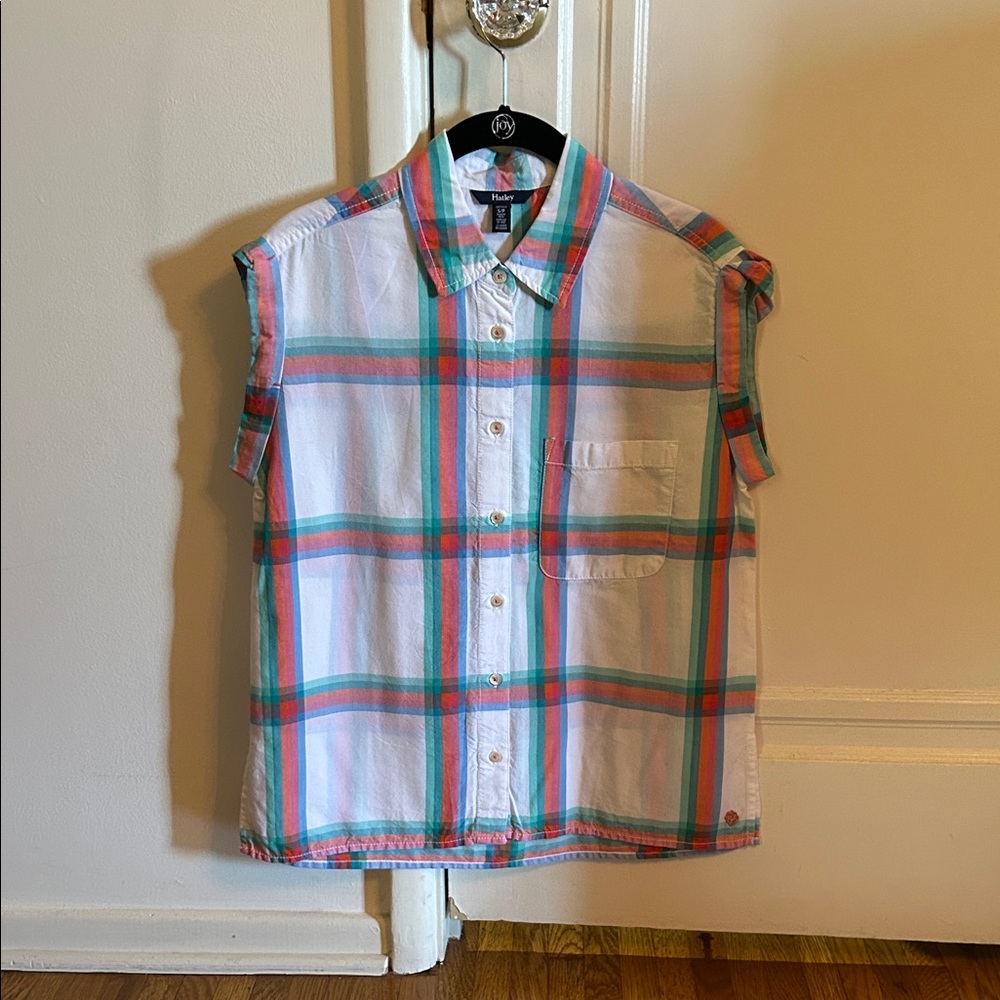 Hatley White Sleeveless Plaid Button-Down Shirt with Coral & Teal
